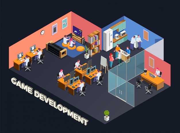 Free vector game development isometric composition with programmers and gamers sitting at their pc in office interior