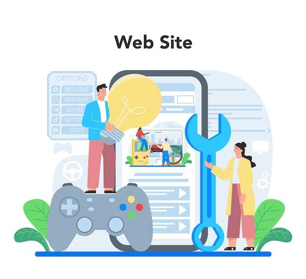 Game development online service or platform Creative process of a computer video game design Digital technology Website Flat vector illustration