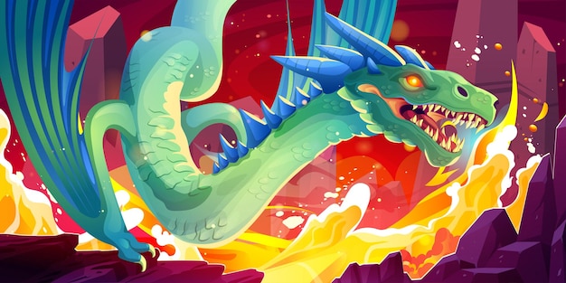 Бесплатное векторное изображение Игра-фэнтези летающий дракон с огнедышащим векторным пейзажем иллюстрация красивый персонаж-монстр в замке с пламенем и приземлением на когти страшный мифический рисунок зверя в средневековом подземелье