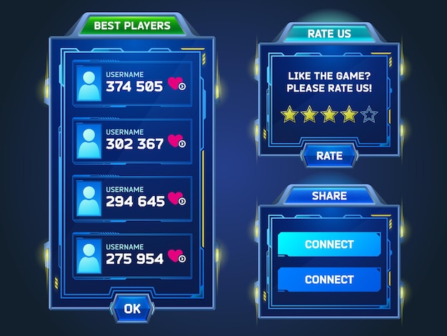 Game frames in sci fi style with best players list, rate and share banners. vector cartoon set of blue futuristic gui elements, board with winners usernames, feedback with stars and connect buttons