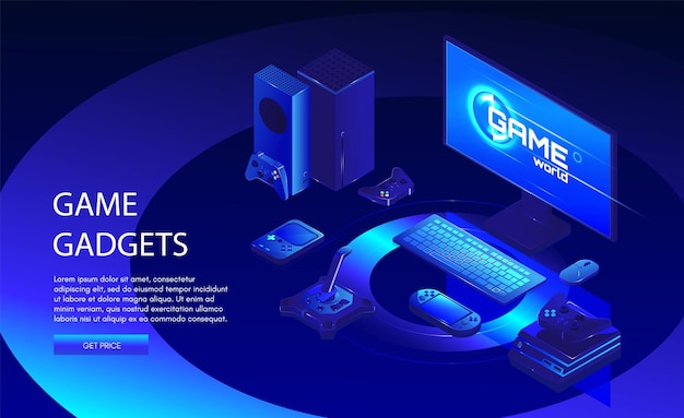 Game gadgets web banner template. equipment for gamers including console, controller, computer, vector isometric illustration. online games and video console gaming.