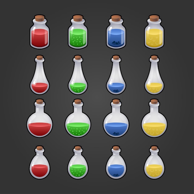Бесплатное векторное изображение Икона игры волшебного эликсира. интерфейс для мобильной игры. набор волшебных бутылок. изолированные