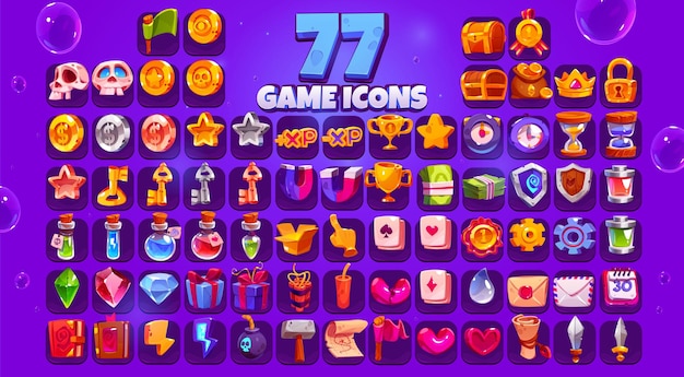 Game icons big set cartoon skull coin star xp and gold cup clock chest medal or money sack crown lock key magnet or shield witch potion gift box crystal and parchment vector ui elements