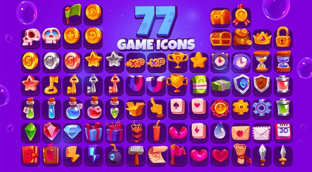 Game icons big set cartoon skull coin star xp and gold cup clock chest medal or money sack Crown lock key magnet or shield witch potion gift box crystal and parchment Vector ui elements