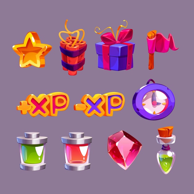 Game icons cartoon gold star dynamite gift box and red flag xp alarm clock life bars magic crystal and witch potion elements for pc game or mobile app user interface vector illustration set