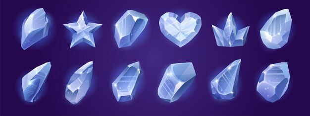 Игровые иконки алмазных кристаллов синие блестящие драгоценные камни