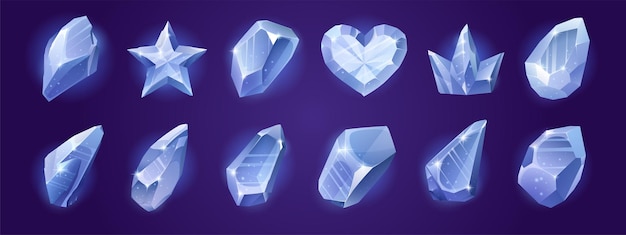 Game icons of diamond crystals blue shiny gems