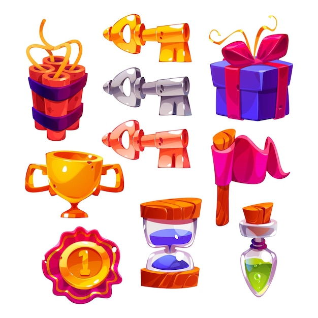 Game icons with keys dynamite gift box flag gold goblet and award badge vector cartoon set of signs for gui of rpg computer or mobile game tnt potion trophy and hourglass