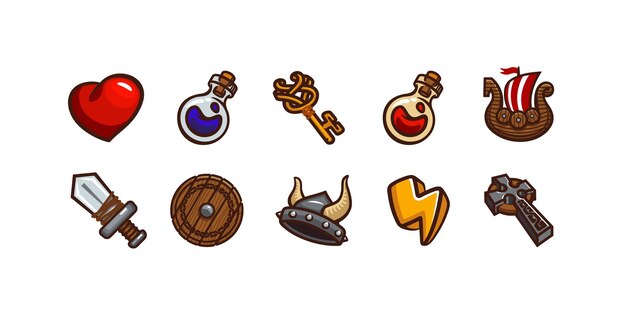 Game icons with viking helmet sword potion ship