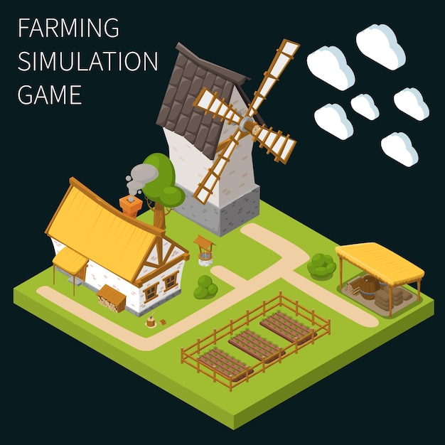Game isometric and colored concept with farming simulation game description and isolated farm house and piece of land vector illustration