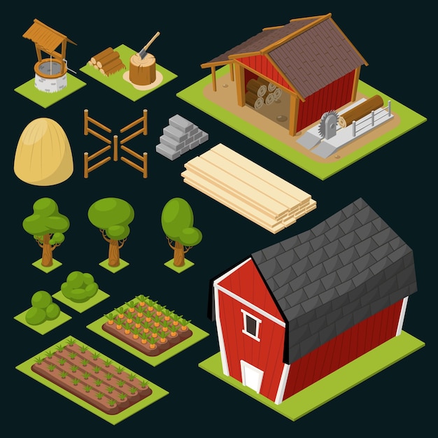 Game isometric icon set with wooden house garden area bushes woods beds vector illustration