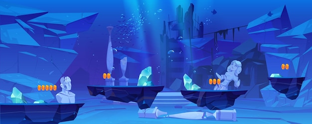 Free vector game level illustration with platforms under water in sea or ocean underwater landscape with ancient ruins