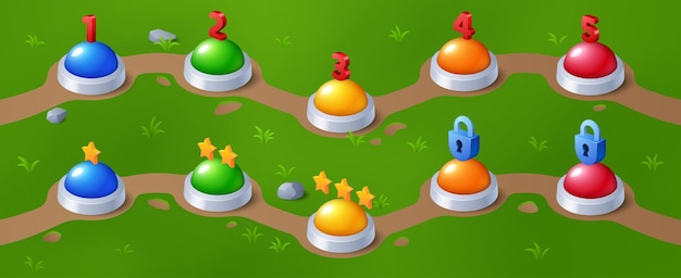 Free vector game level progress indicator on green lawn vector cartoon illustration of colorful buttons marked with numbers closed locks and bonus golden stars along road gaming user interface design element