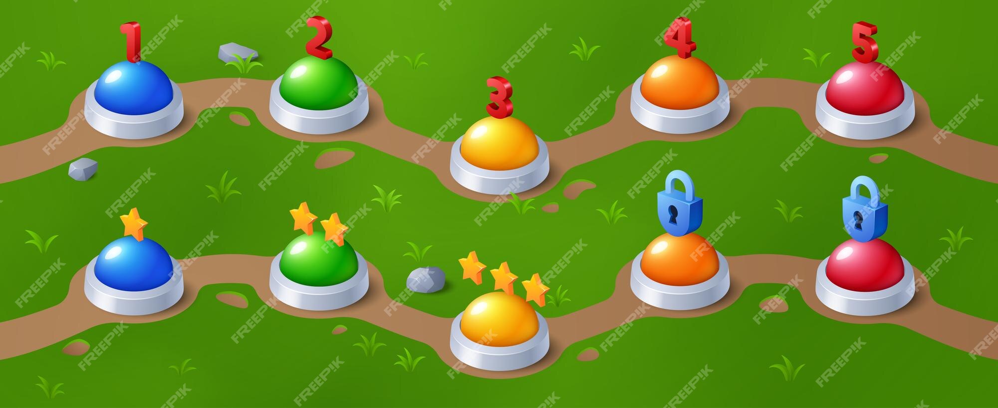 Free Vector  Game level progress indicator on green lawn vector cartoon  illustration of colorful buttons marked with numbers closed locks and bonus  golden stars along road gaming user interface design element