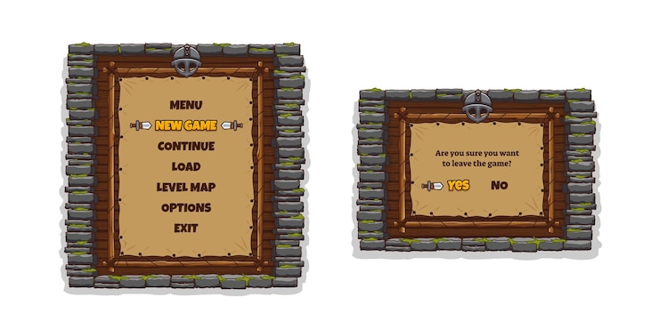 Free Vector game menu frame with buttons helmet stone wall