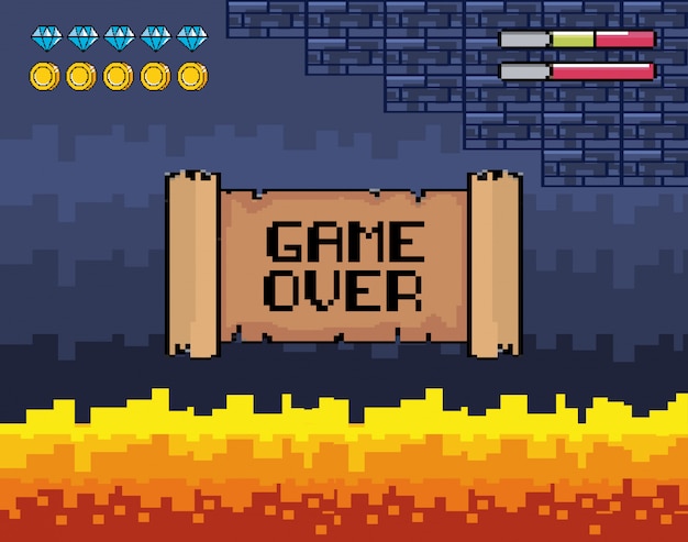 Game over message with fire scene and life bars