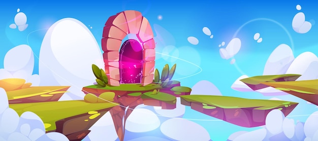 無料ベクター 空の漫画のベクトルの背景に浮かぶ島にあるゲームピンクの魔法のポータル 他の次元の世界または時間へのファンタジーテレポートドア 岩のイラストの上に雲の中を飛んでいる魔法の旅行プラズマホール