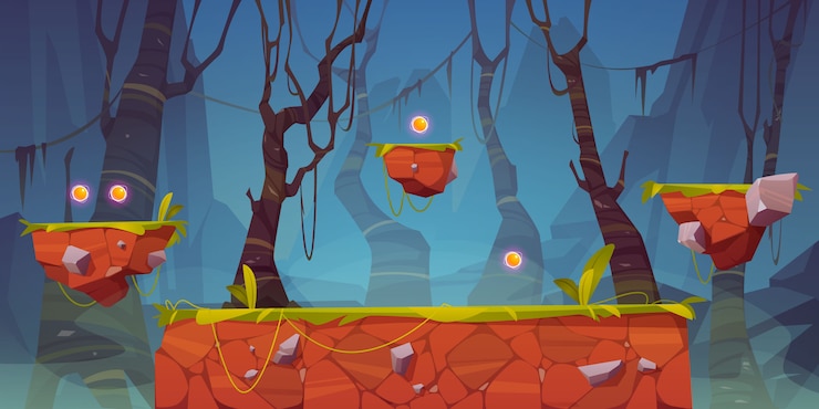 Бесплатный Вектор игровая платформа мультяшный лесной пейзаж, 2d дизайн