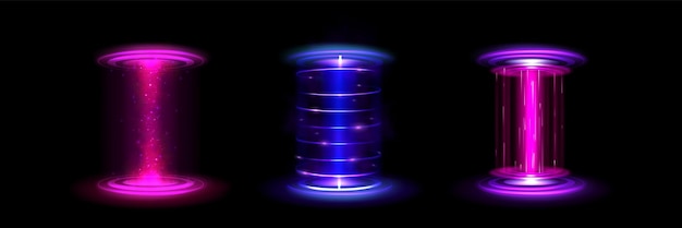 Free vector game portal with neon glowing effect round platforms with pink and blue light rays for moving in space or time realistic vector set of magic futuristic cyber podiums for teleport and hologram