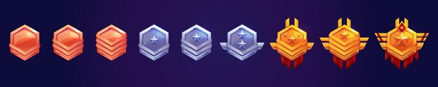 Game rank icons level badges hexagon tags set
