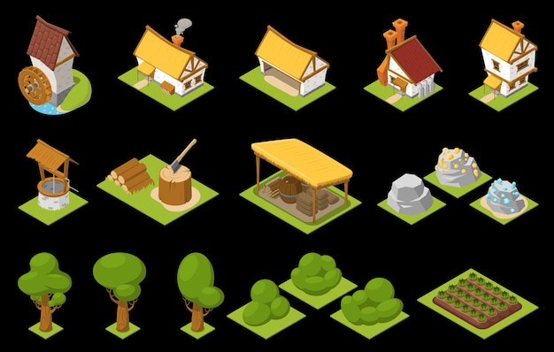 Free vector game set isometric icon set houses with yellow and brown roofs trees and bushes beds vector illustration