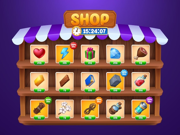 Game shop frame with assets on wooden shelves