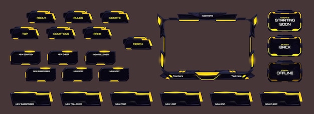 노란색 네온 광선이 있는 게임 스트림 오버레이 ui 프레임