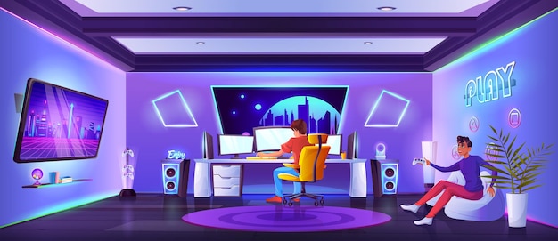 Vettore gratuito interno di una sala giochi e streaming con due giocatori di sesso maschile vettore di cartone animato di configurazione domestica con decorazioni al neon luminose per giocare ai videogiochi gli uomini si siedono al computer e su una poltrona a sacco con joystick