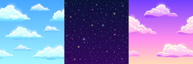 Texture di gioco di nuvole e stelle, modelli senza soluzione di continuità. sfondi di cartone animato di cielo blu, rosa e stellato. interfaccia grafica vettoriale o strati vettoriali gui di spazio, vortici lanuginosi diurni o mattutini o cumuli vortici