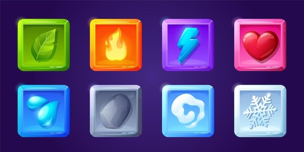 Free vector game ui app icons, square buttons, cartoon menu interface 2d gui graphic design elements. green leaf, fire, flash, heart, water drops, stone and air or smoke, snowflake user panel isolated vector set