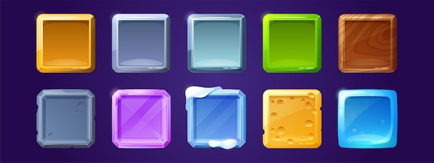 Game ui app icons, square buttons, cartoon menu