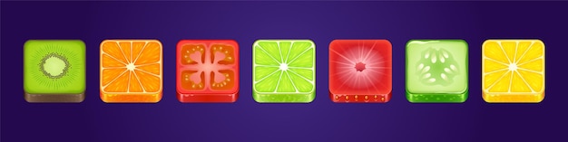 Free vector game ui app icons square food buttons with texture of kiwi orange tomato lime strawberry cucumber and lemon vegetable and fruits menu interface textured graphic blocks isolated 3d vector set