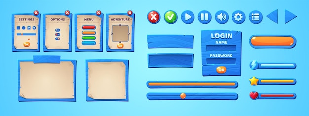 Vettore gratuito pergamene e pergamene dell'interfaccia del menu dell'interfaccia utente di gioco