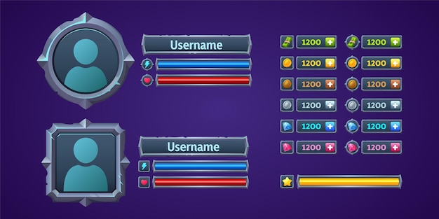 Game ui profile, user menu interface 2d graphic design with frame for avatar, username plaques, life or power scales, and assets score. rpg for pc or mobile screen, cartoon vector illustration