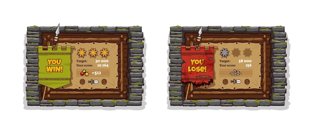 Game win and lose banners with stone brick frame