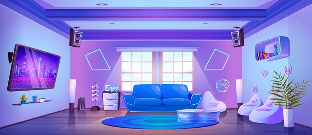 Гостиная геймера с мебелью и игровым оборудованием. Векторная мультяшная иллюстрация синего интерьера с диваном, креслами, телевизором и неоновым светом, украшения на стене, консоль, подставка, громкоговорители на потолке.