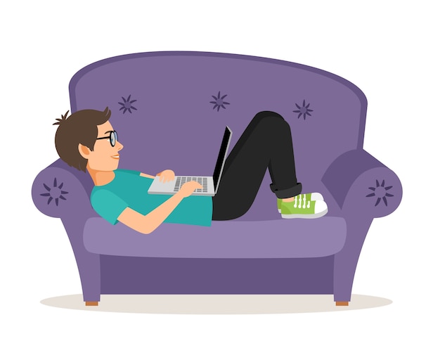 無料ベクター ノートパソコンでソファに横になっているゲーマーの男。人と快適な家の家具、男性のティーンエイジャー