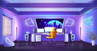 Free vector gamer and streamer room interior cartoon studio setup for playing online computer video games and streaming purple room with neon glowing elements on walls three monitors on desk and armchair