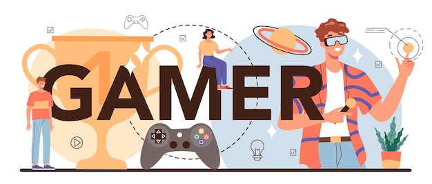 Геймер типографский заголовок Человек играет в компьютерную видеоигру Команда киберспорта про стримера Виртуальный чемпионат Векторная иллюстрация в мультяшном стиле