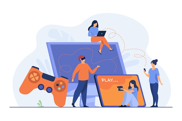 Free Vector  People playing video game on mobile phone and computer. men  and women playing console, using various hardware devices, laptop or tablet  flat vector illustration. cross-platform play concept