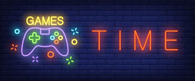 Games time neon text with gamepad
