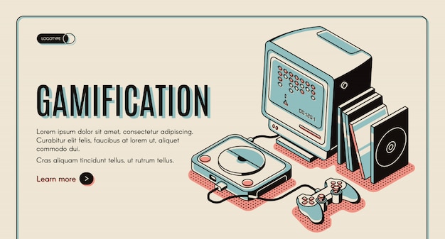 Banner di gamification, console per giocatori per giocare, playstation video retro con joystick e dischi