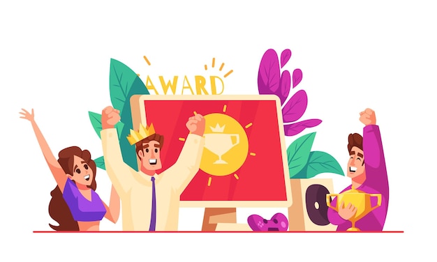 Free vector gamification cartoon concept with happy people achieving business award vector illustration