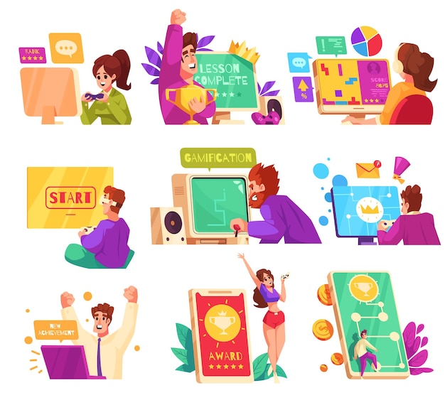 Free vector gamification cartoon icons set with people working and playing via digital devices isolated vector illustration