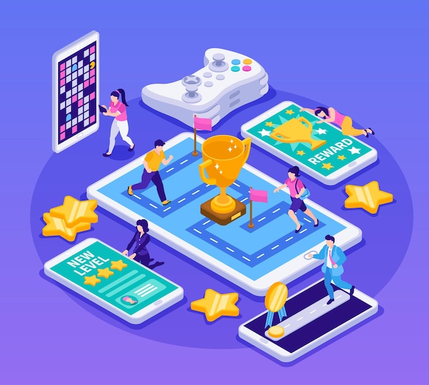 Free vector gamification isometric composition with tiny people reaching goals playing games on gadgets vector illustration