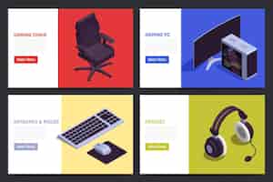 Free vector gaming gadgets banners set with headset symbols isometric isolated vector illustration