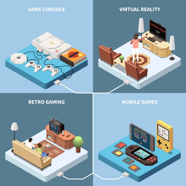 Бесплатное векторное изображение Изометрическая концепция дизайна игровых геймеров 2х2 с изображениями игровых приставок и гостиных с людьми
