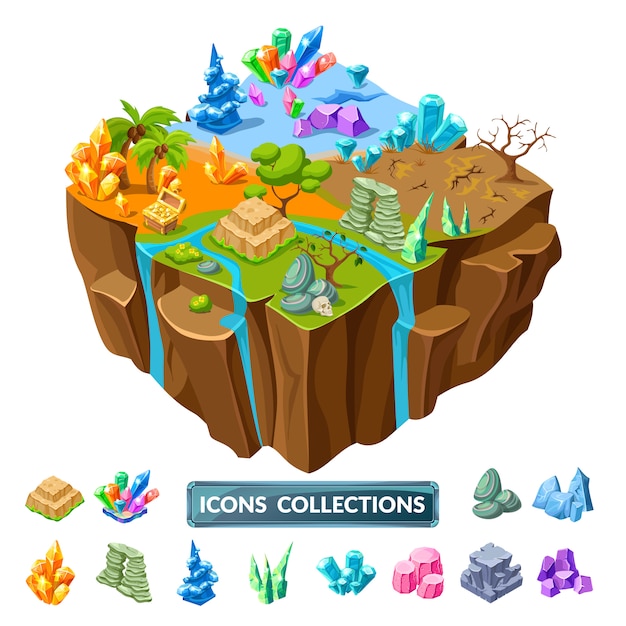 Gaming Island And Stones Isometric Icons