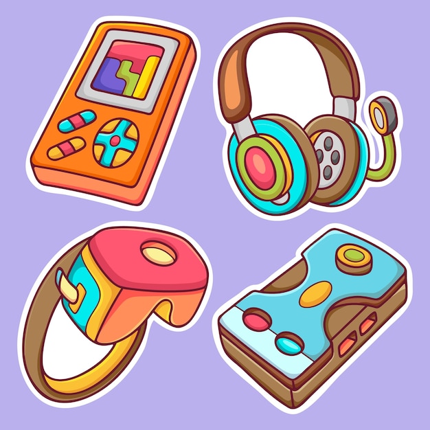 Free vector gaming item sticker icons hand drawn coloring vector