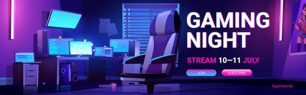 Gaming night stream web banner with teenager gamer room night interior with multiple computer monitors glowing in darkness